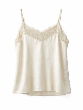 4/$20➡️ Molly Bracken Cream Textured Satin Camisole Wide Lace Trim – Size Medium